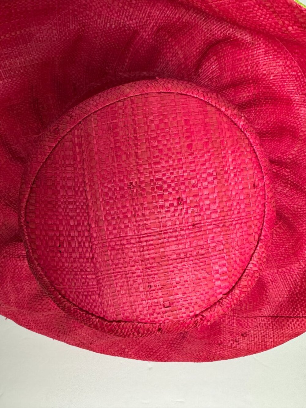 Hand Woven Madagascar Big Brim RAFFIA Sun Hat Pink & Neon Green Sz XL 23.5" - Picture 9 of 12